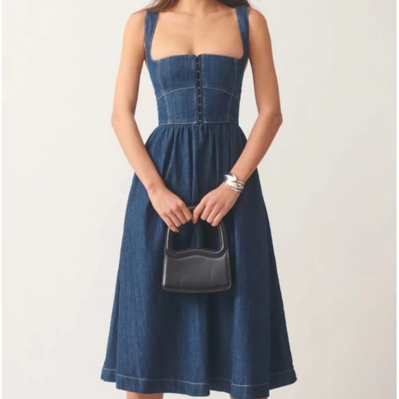 Reformation Tagliatelle Denim Midi Dress Ellis Size 10 NWT - Picture 3 of 16